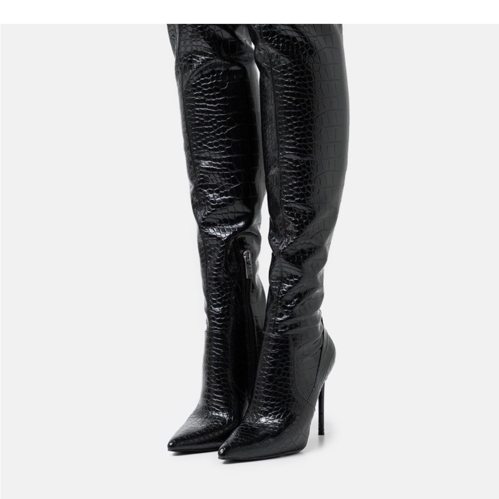 Steve Madden Black Leather Croc Thigh High Boots
